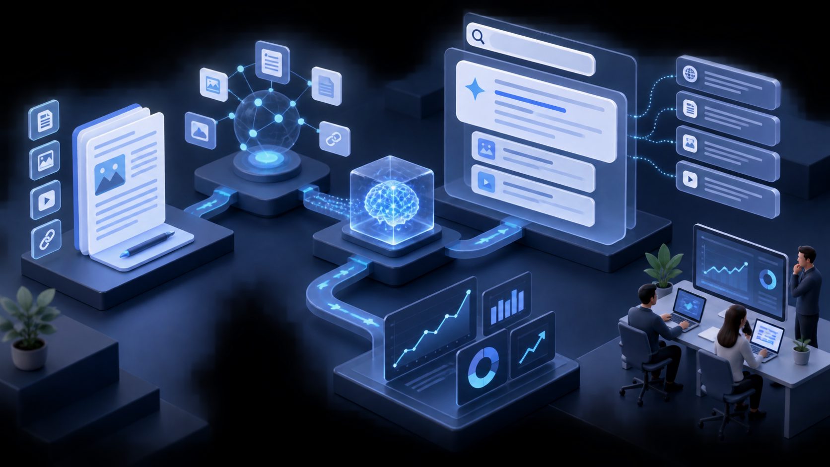 Generative engine optimization framework showing content, evidence, citations, and measurement