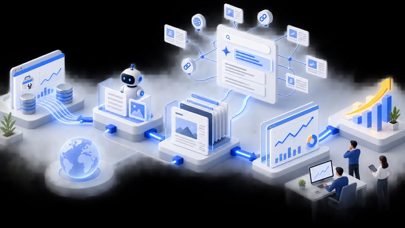 SEO autopilot workflow connecting Search Console data, content, publishing, and measurement