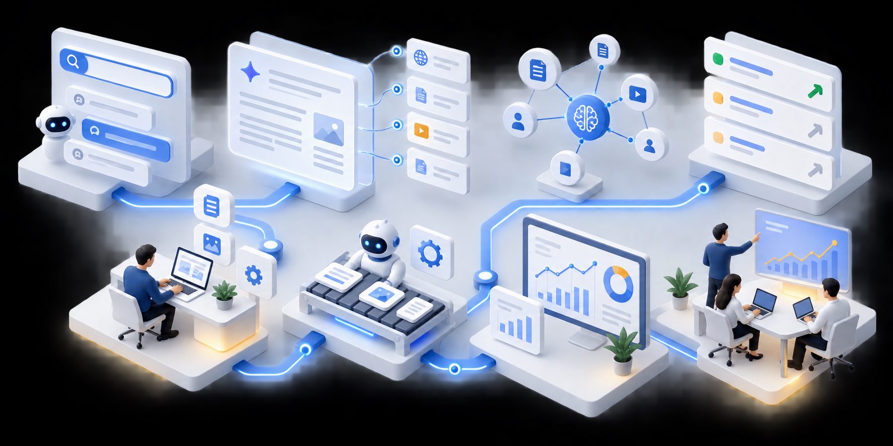AI search visibility workflow connecting prompts, content actions, and Search Console evidence