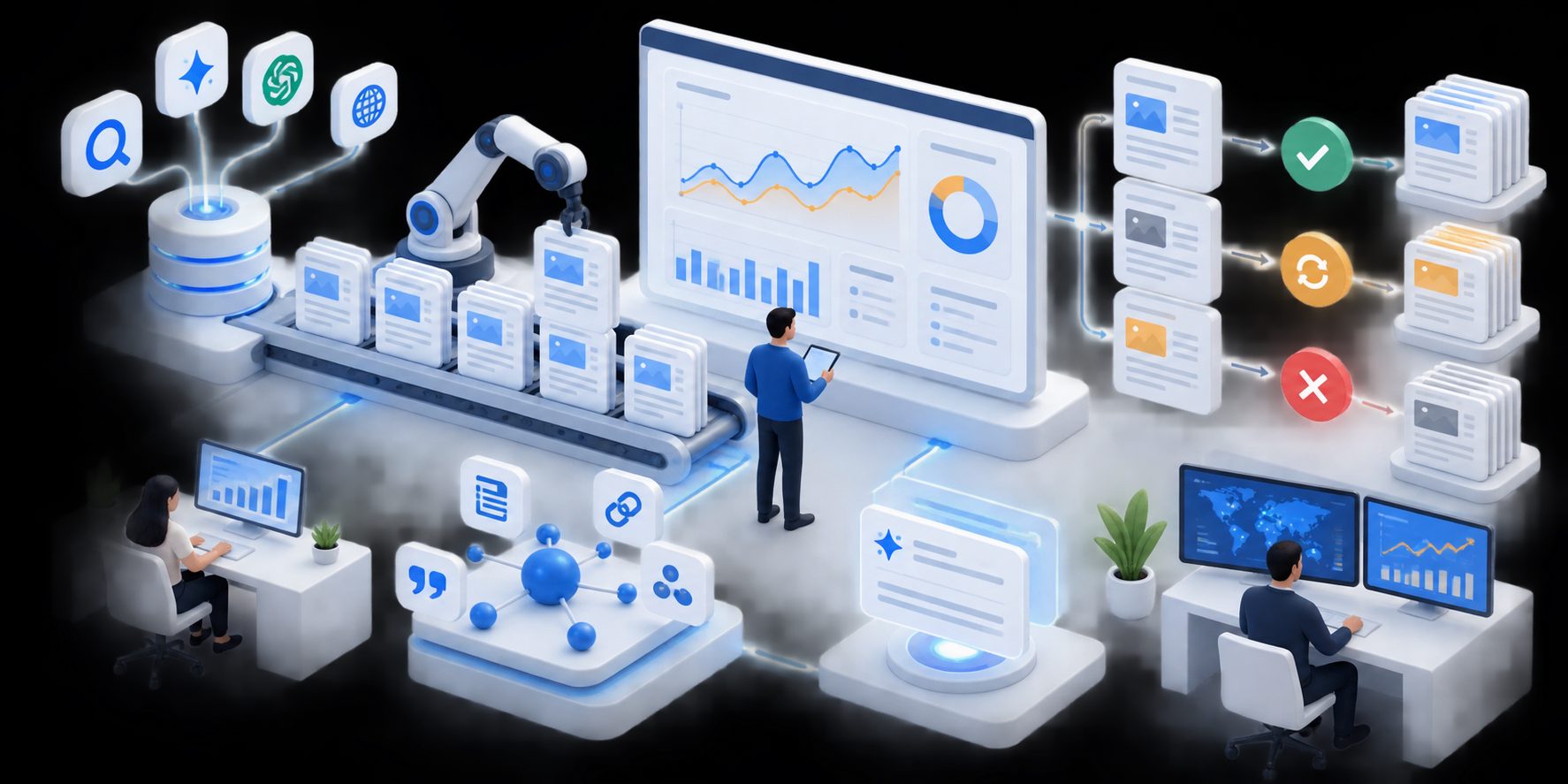 Programmatic SEO quality-control dashboard showing page waves, clicks, impressions, and page decisions