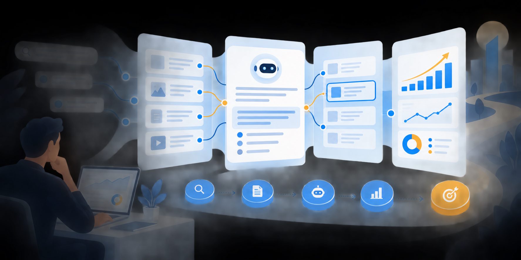 Four-layer GEO framework connecting prompts, evidence, answers, and business outcomes