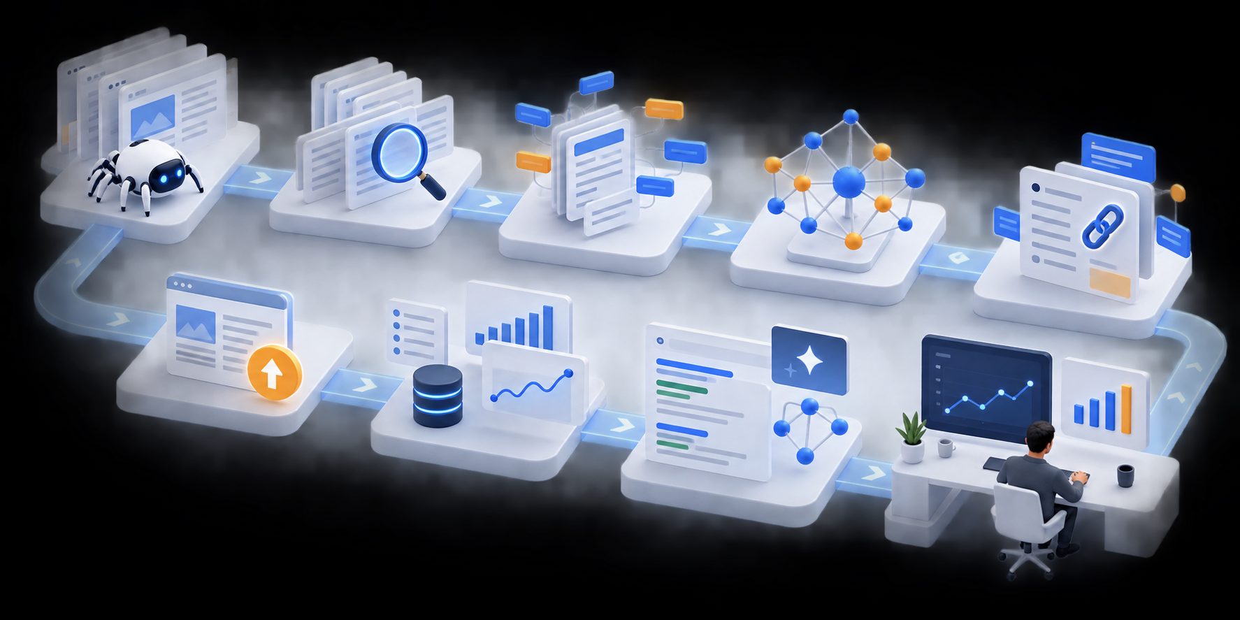 Nine-step semantic internal link automation workflow from crawl to validation