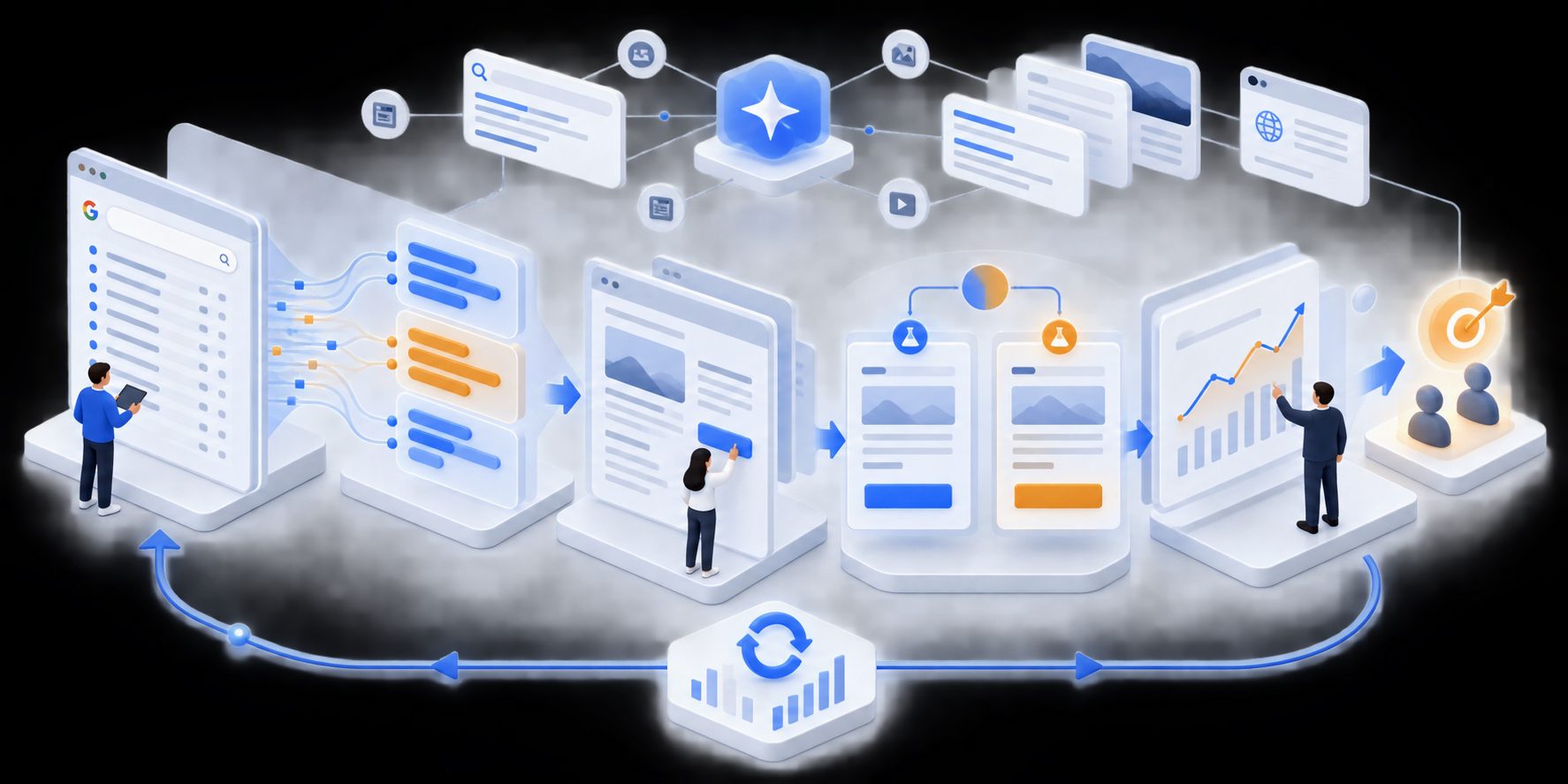 Evidence loop connecting GSC query clusters to landing page tests