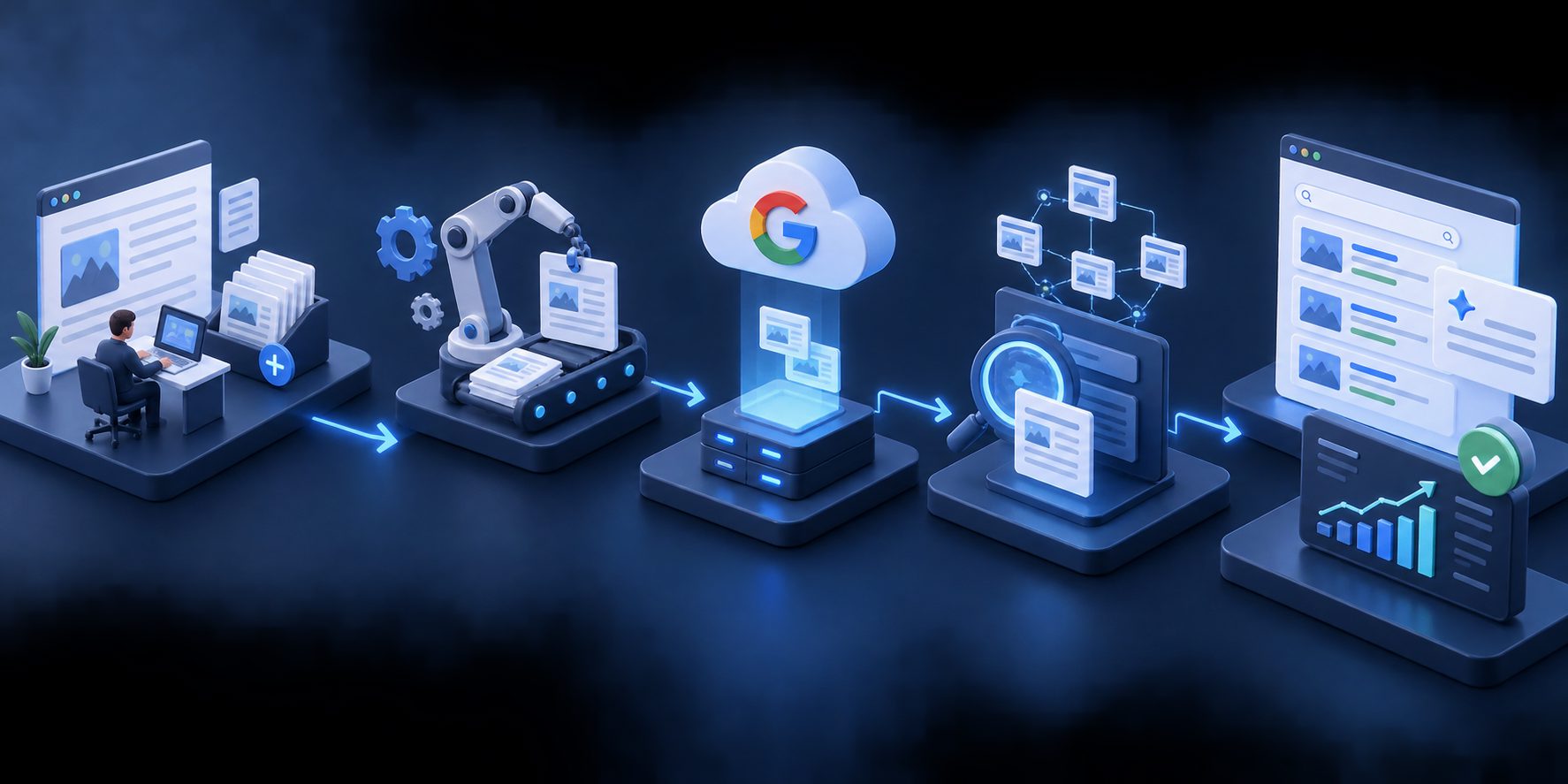 SaaS内容库更新自动推送到Google的自动化流程图