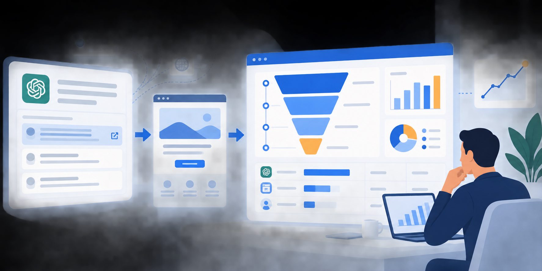 Mixpanel ordered funnel segmented by ChatGPT referral source, landing page, and SaaS trial status