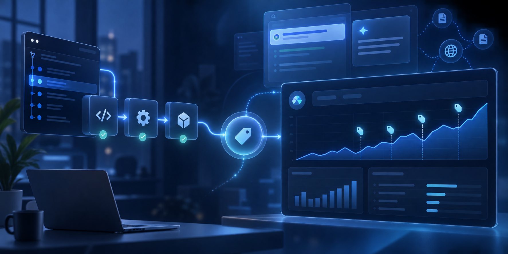 CI/CD pipeline sending deployment events into a Search Console attribution dashboard