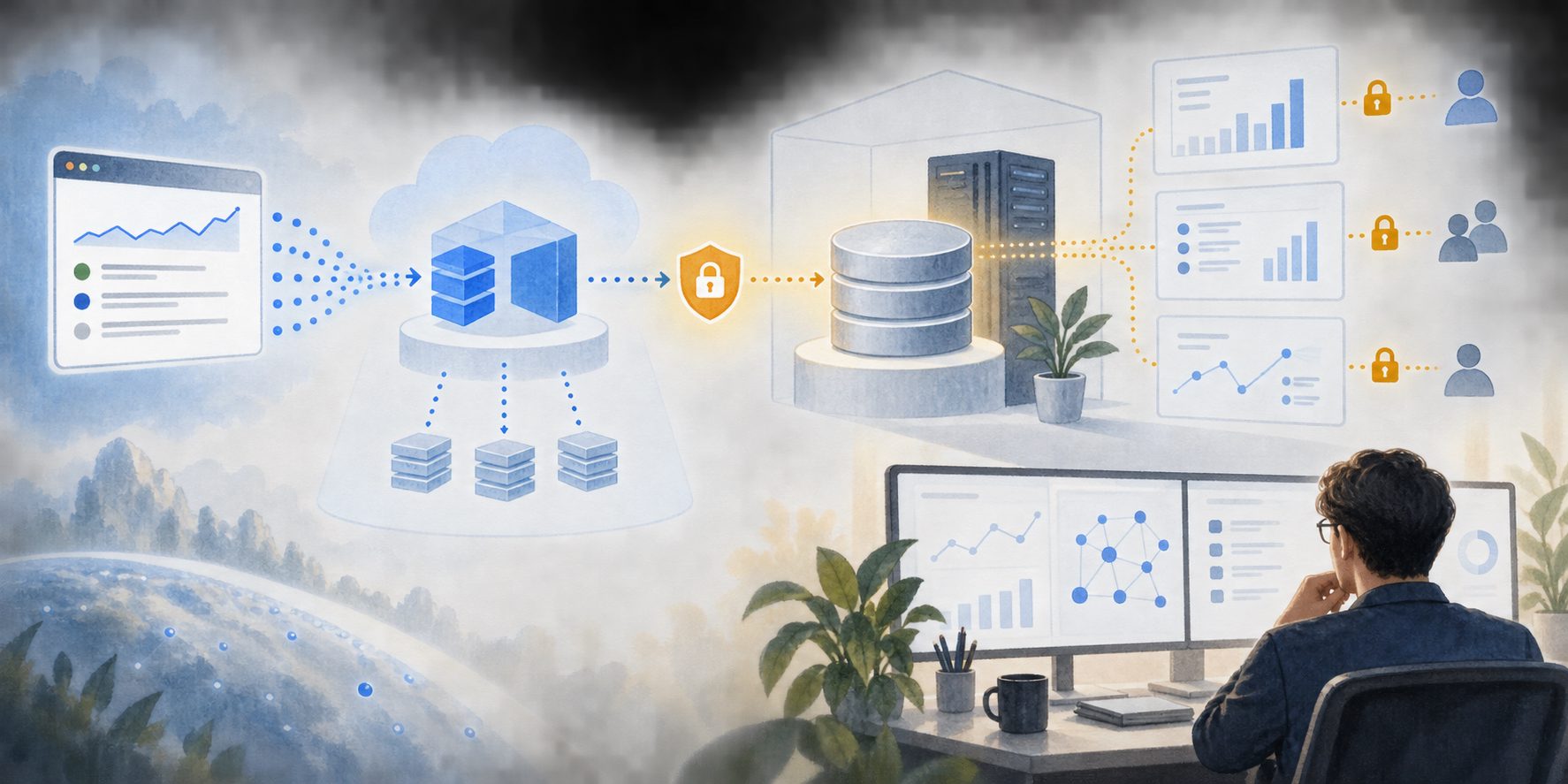 Self hosted search console warehouse architecture showing BigQuery staging, keyless transfer, customer storage, and restricted evidence views